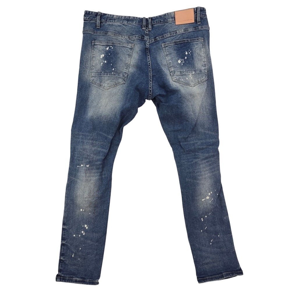 Smoke Rise Distressed Moto Jeans Mens 42x32 Blue Splatter Ripped Streetwear Y2K - Picture 2 of 11